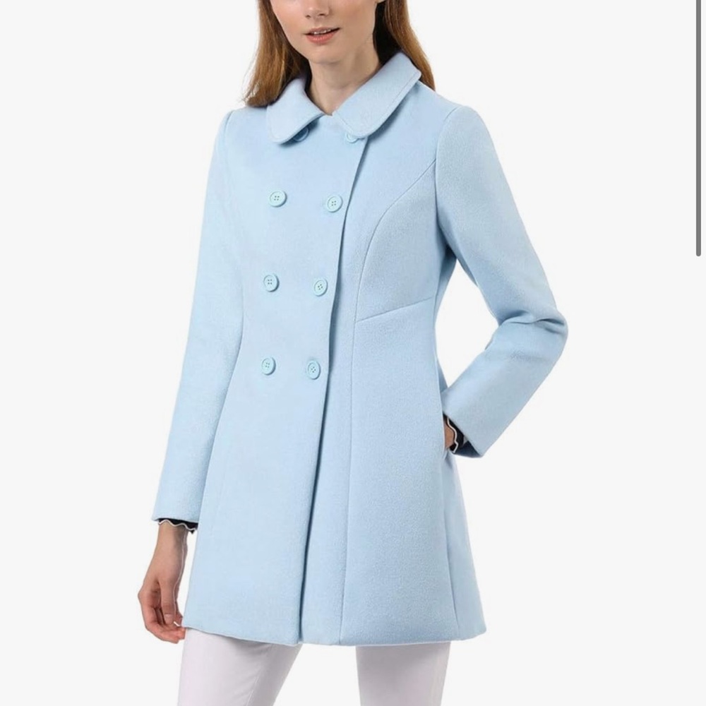Pastel Blue Mid-Length Peter Pan Collar Pea Coat Allegra K